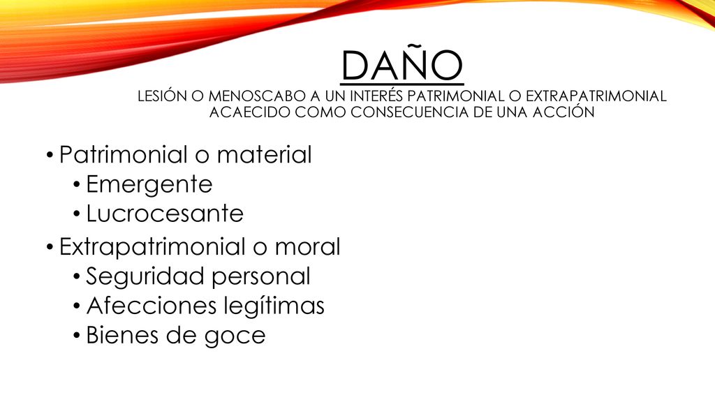 Daño Lesión o menoscabo a un interés patrimonial o extrapatrimonial acaecido como consecuencia de una acción