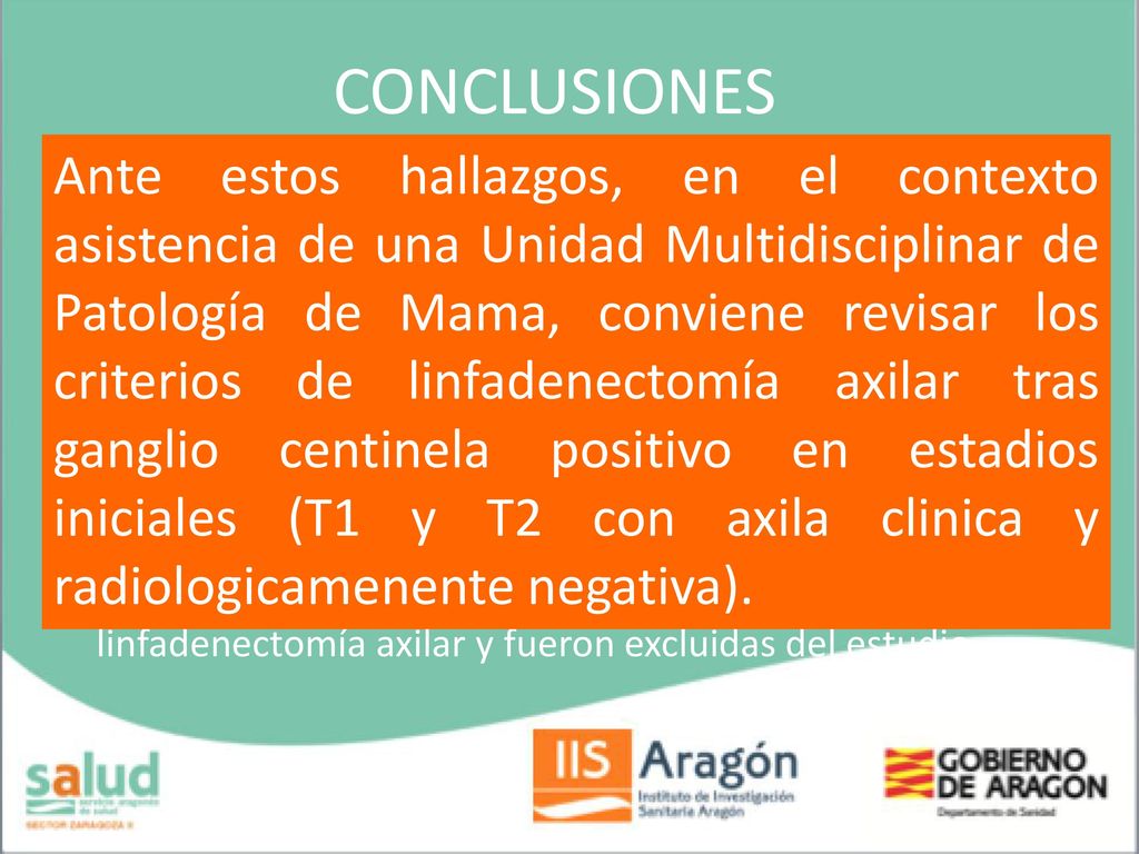 CONCLUSIONES El 60,9% de las linfadenectomías axilares no presentaban ningún otro ganglio axilar afecto.