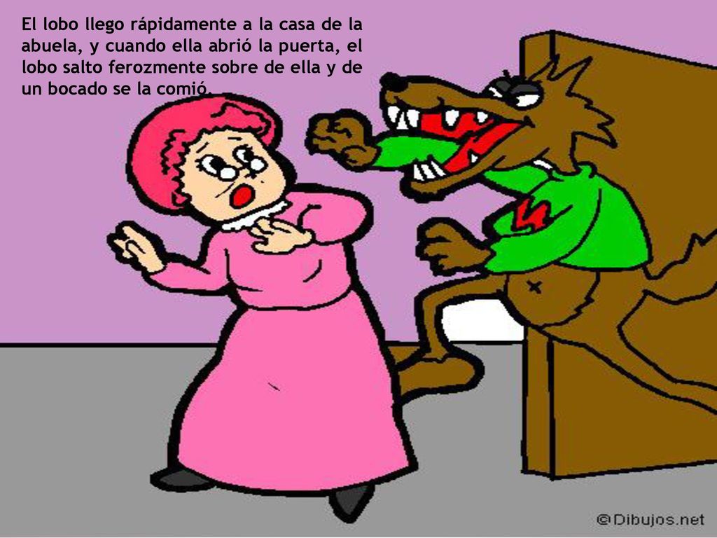 El lobo llego rápidamente a la casa de la abuela, y cuando ella abrió la puerta, el lobo salto ferozmente sobre de ella y de un bocado se la comió.