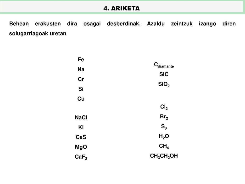 4. ARIKETA Behean erakusten dira osagai desberdinak. Azaldu zeintzuk izango diren solugarriagoak uretan.