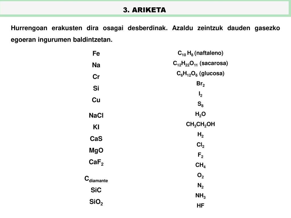 3. ARIKETA Hurrengoan erakusten dira osagai desberdinak. Azaldu zeintzuk dauden gasezko egoeran ingurumen baldintzetan.