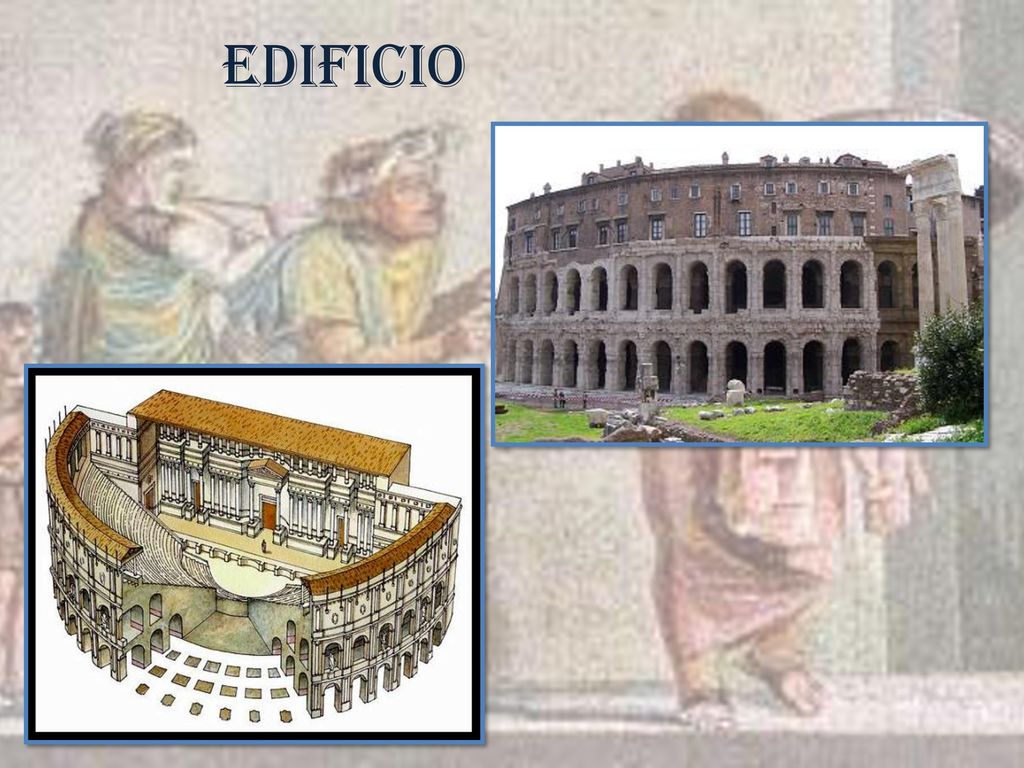 EDIFICIO El primer teatro construido en Roma fue el de Pompeyo en el 55 a. C. Apenas se conservan restos y estos en sótanos o en el subsuelo.