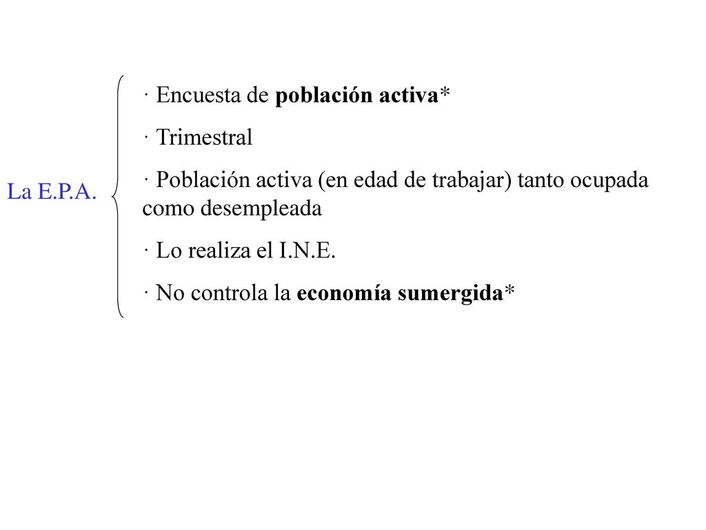 La E.P.A. · Encuesta de población activa* · Trimestral. · Población activa (en edad de trabajar) tanto ocupada como desempleada.