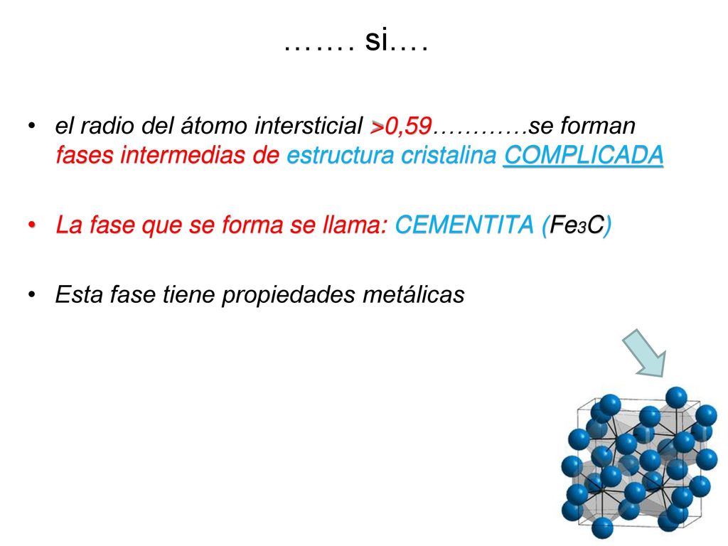……. si…. el radio del átomo intersticial >0,59…………se forman fases intermedias de estructura cristalina COMPLICADA.