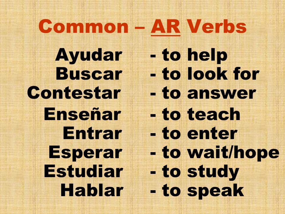 Common – AR Verbs Ayudar - to help Buscar - to look for Contestar