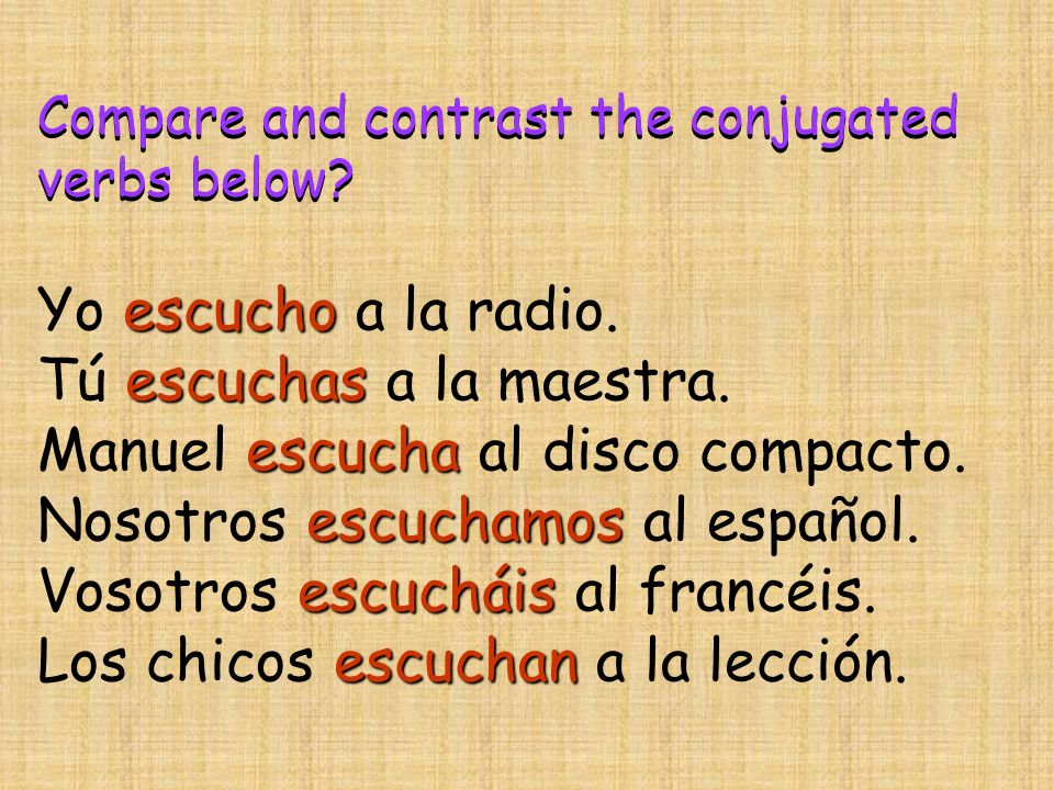 Compare and contrast the conjugated verbs below