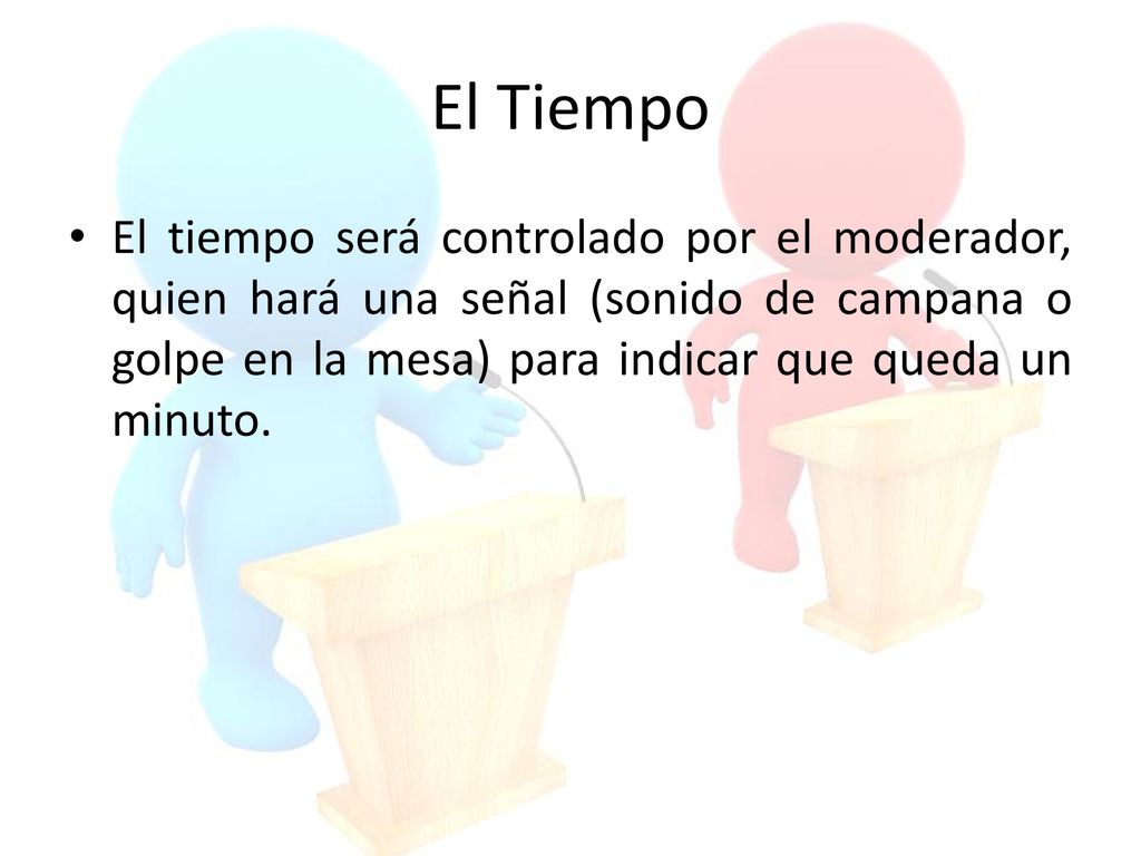 El Tiempo El tiempo será controlado por el moderador, quien hará una señal (sonido de campana o golpe en la mesa) para indicar que queda un minuto.