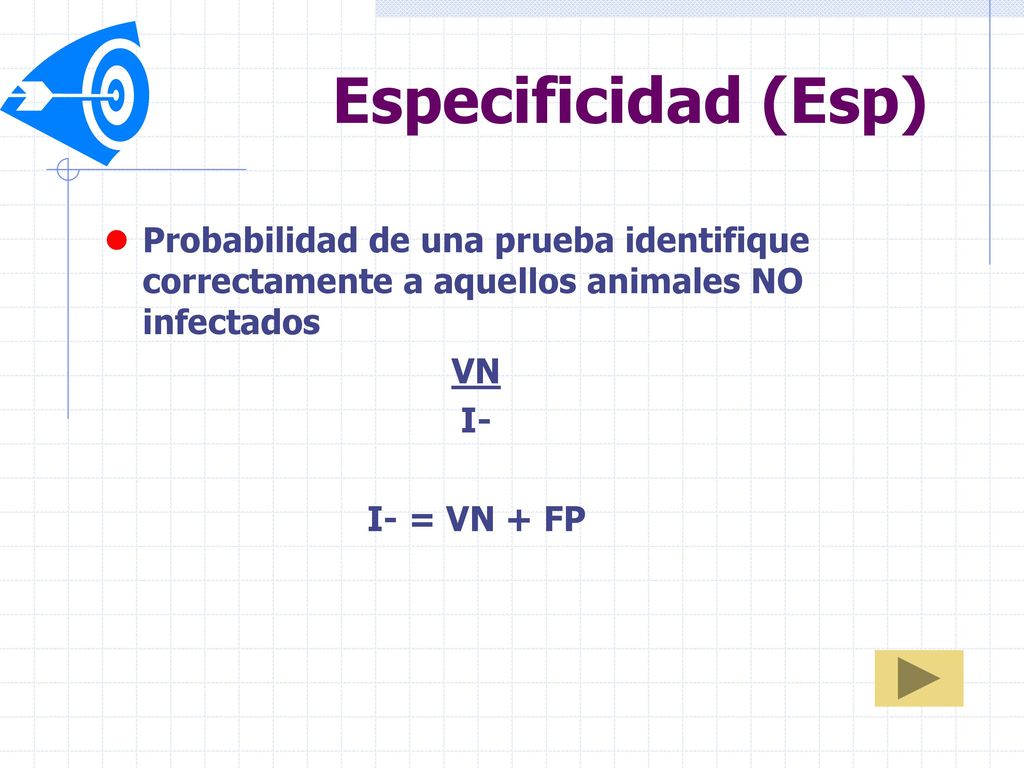 Especificidad (Esp) Probabilidad de una prueba identifique correctamente a aquellos animales NO infectados.