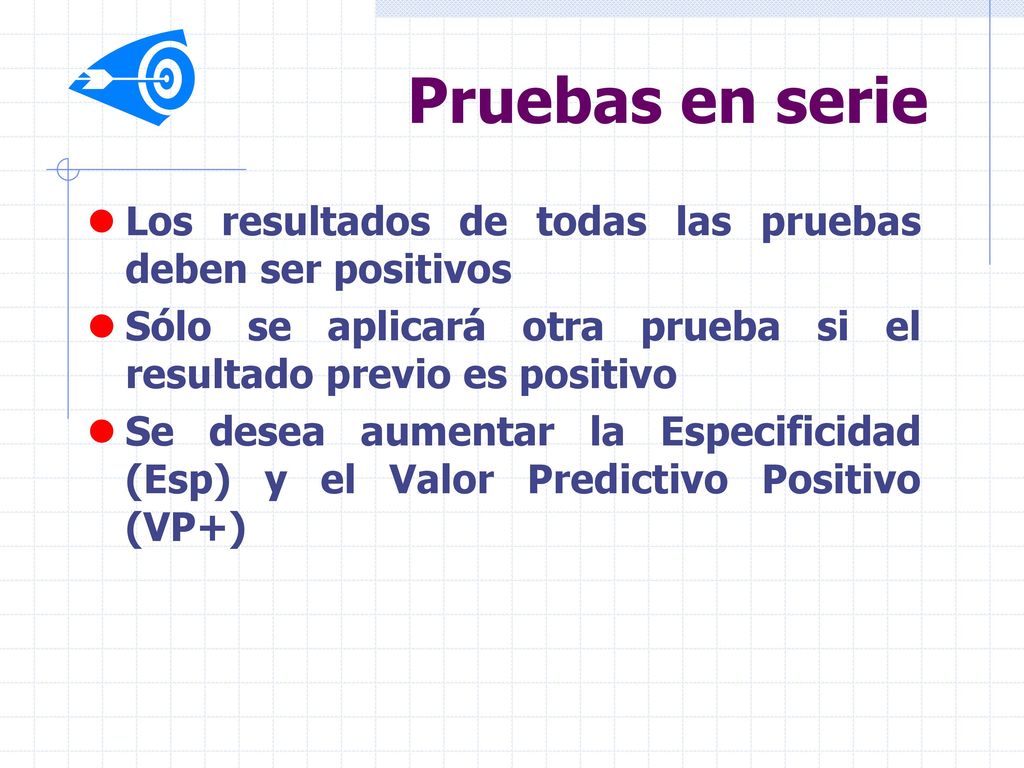 Pruebas en serie Los resultados de todas las pruebas deben ser positivos. Sólo se aplicará otra prueba si el resultado previo es positivo.