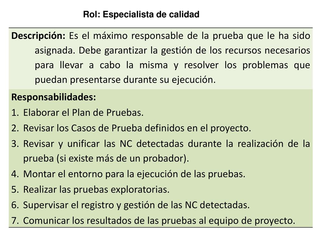 Rol: Especialista de calidad