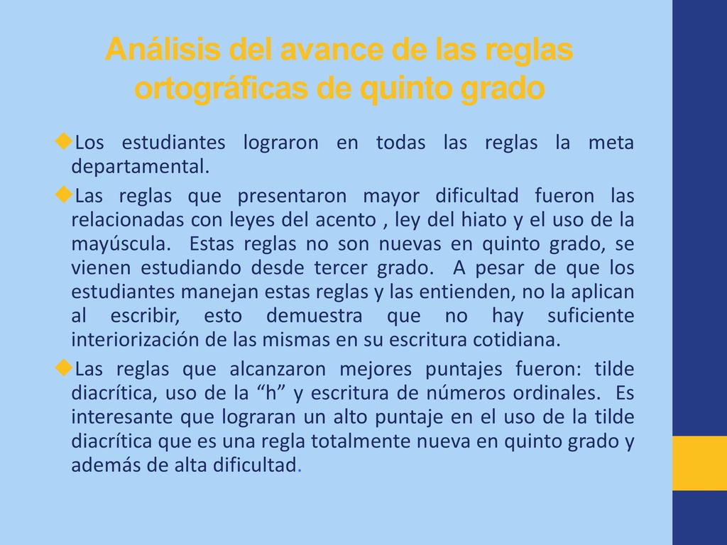 Análisis del avance de las reglas ortográficas de quinto grado