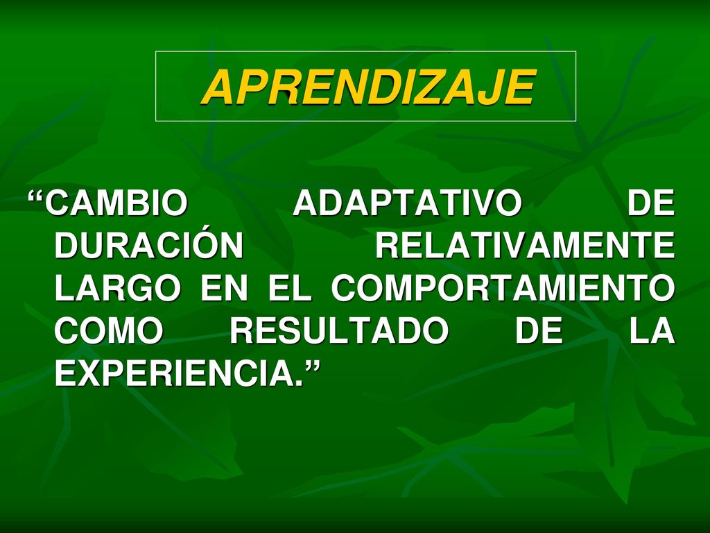 APRENDIZAJE CAMBIO ADAPTATIVO DE DURACIÓN RELATIVAMENTE LARGO EN EL COMPORTAMIENTO COMO RESULTADO DE LA EXPERIENCIA.