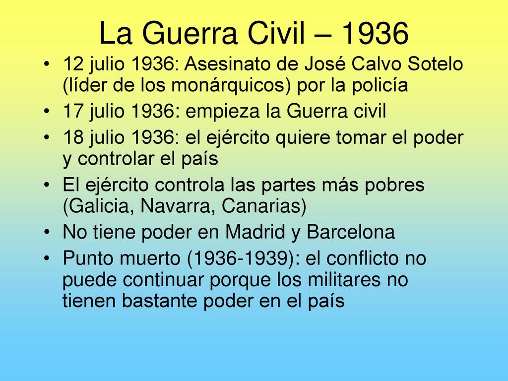 La Guerra Civil – julio 1936: Asesinato de José Calvo Sotelo (líder de los monárquicos) por la policía.