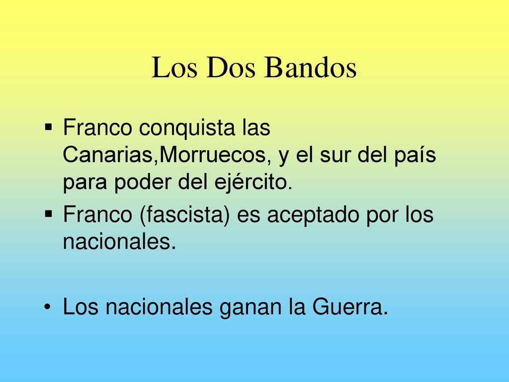 Los Dos Bandos Franco conquista las Canarias,Morruecos, y el sur del país para poder del ejército. Franco (fascista) es aceptado por los nacionales.