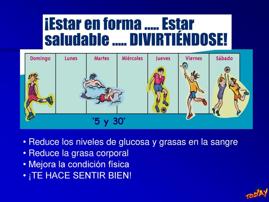 ‘5 y 30’ Reduce los niveles de glucosa y grasas en la sangre. Reduce la grasa corporal. Mejora la condición física.