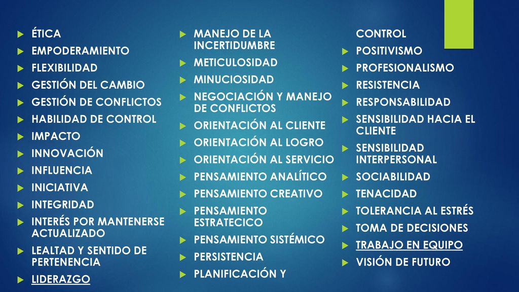 ÉTICA MANEJO DE LA INCERTIDUMBRE PLANIFICACIÓN Y CONTROL EMPODERAMIENTO. POSITIVISMO. METICULOSIDAD