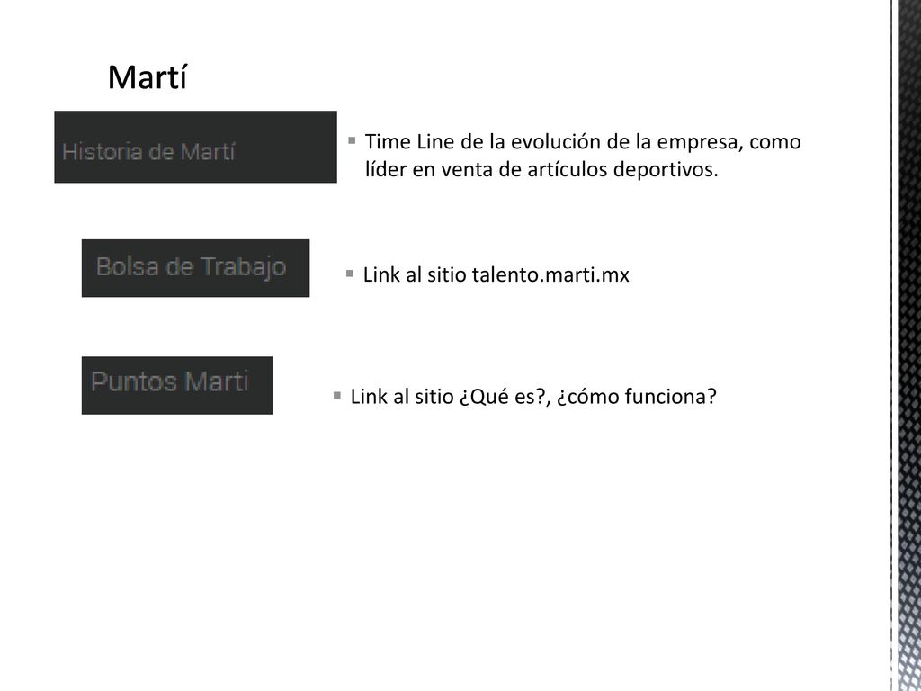 Martí Time Line de la evolución de la empresa, como líder en venta de artículos deportivos. Link al sitio talento.marti.mx.