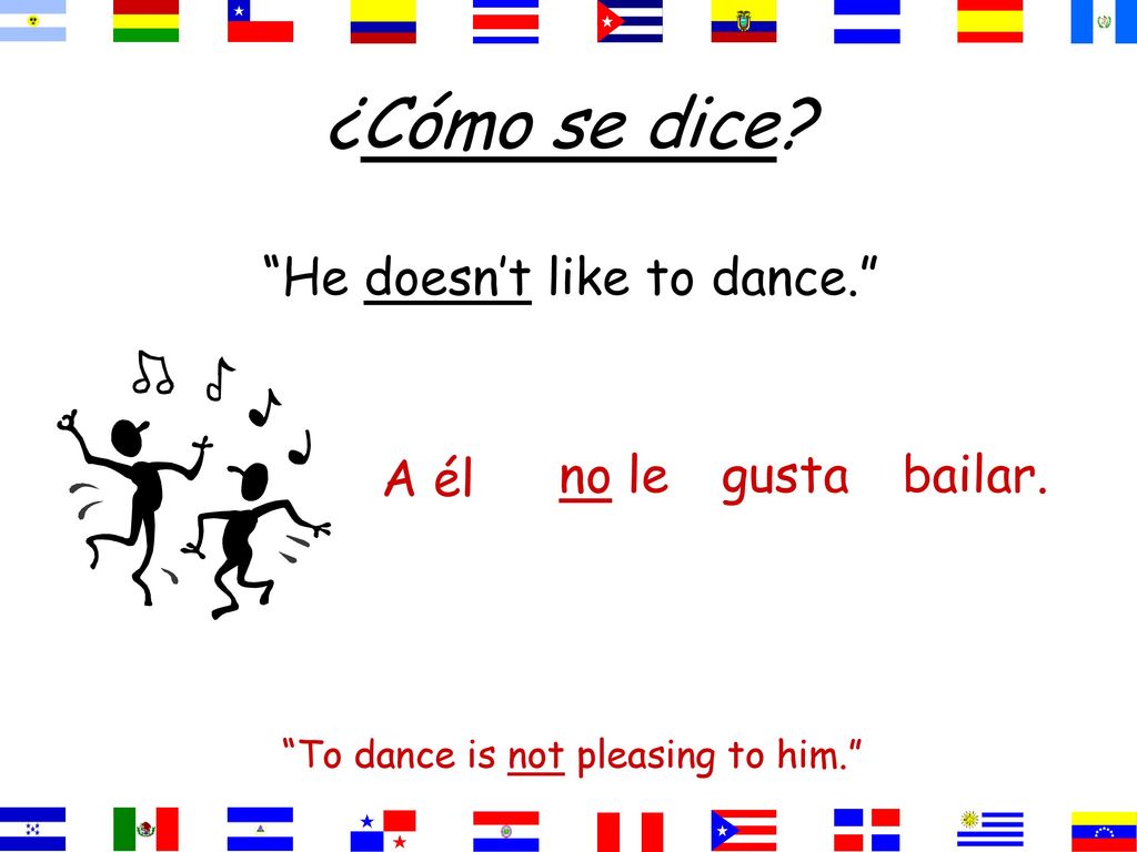 ¿Cómo se dice He doesn’t like to dance. A él no le gusta bailar.