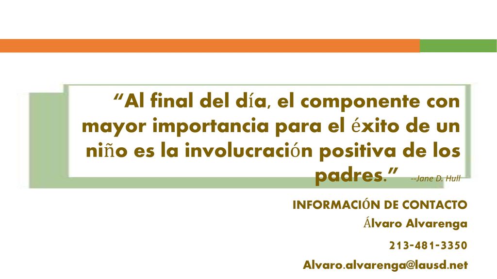 Al final del día, el componente con mayor importancia para el éxito de un niño es la involucración positiva de los padres. --Jane D. Hull