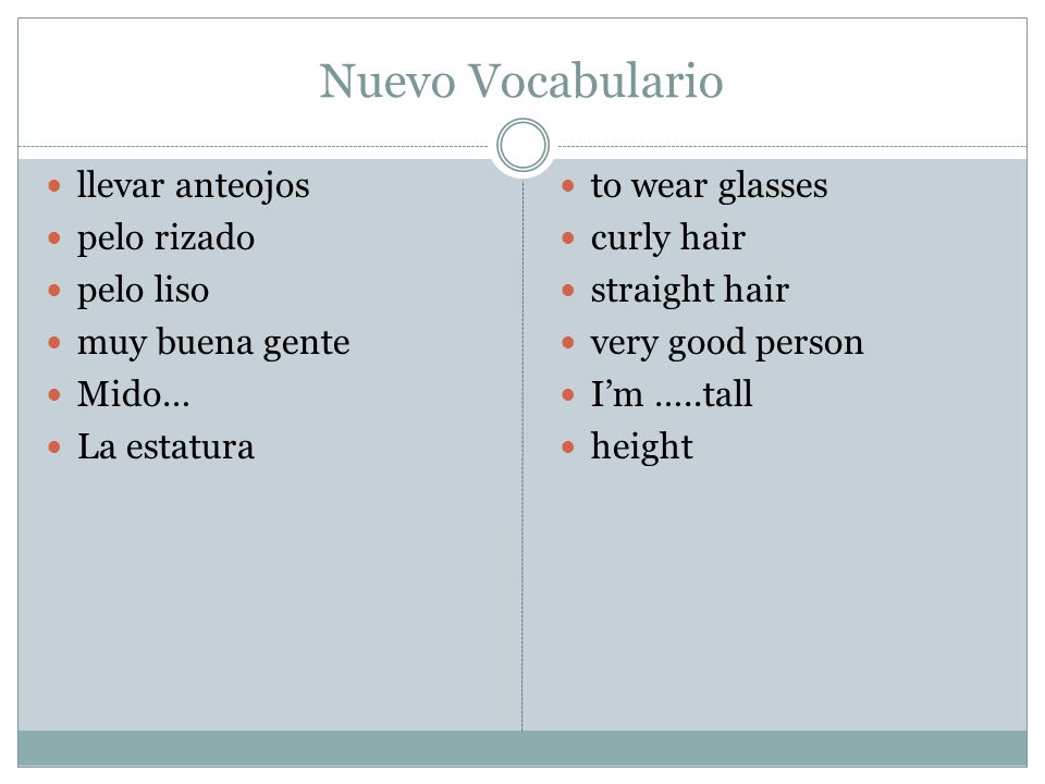 Nuevo Vocabulario llevar anteojos pelo rizado pelo liso