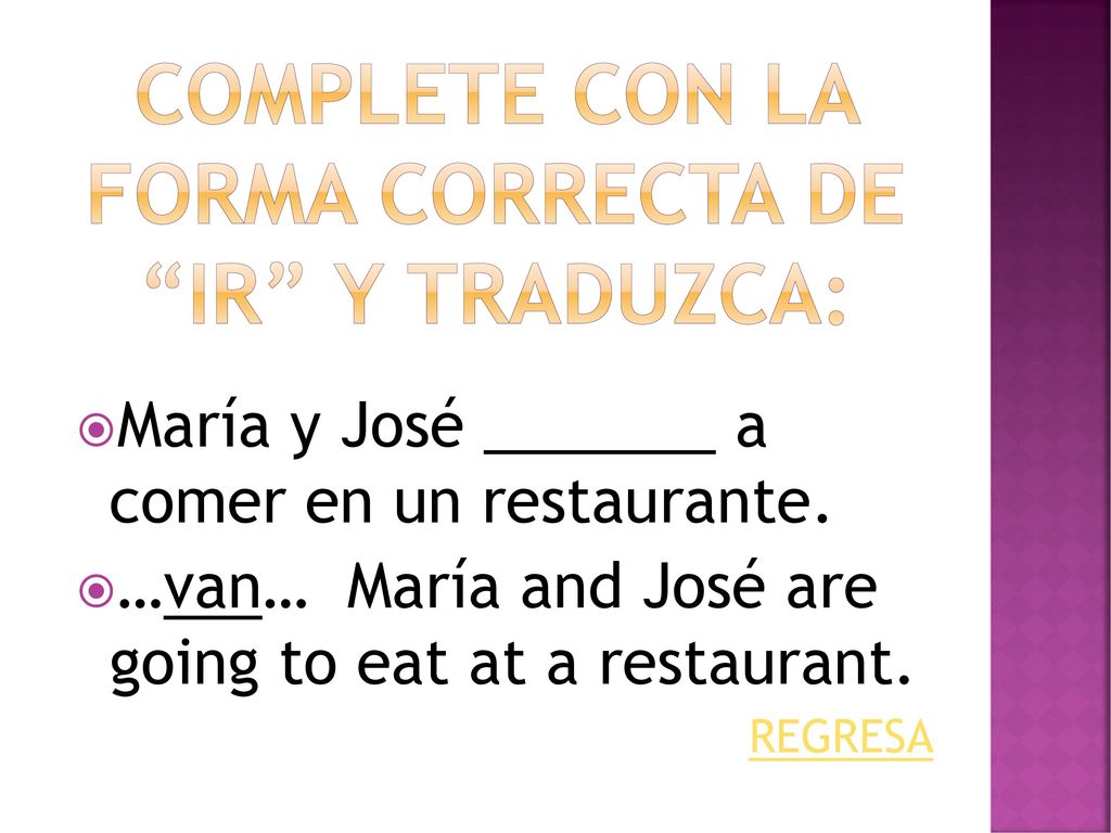 CompletE con la forma correcta de ir y traduzca: