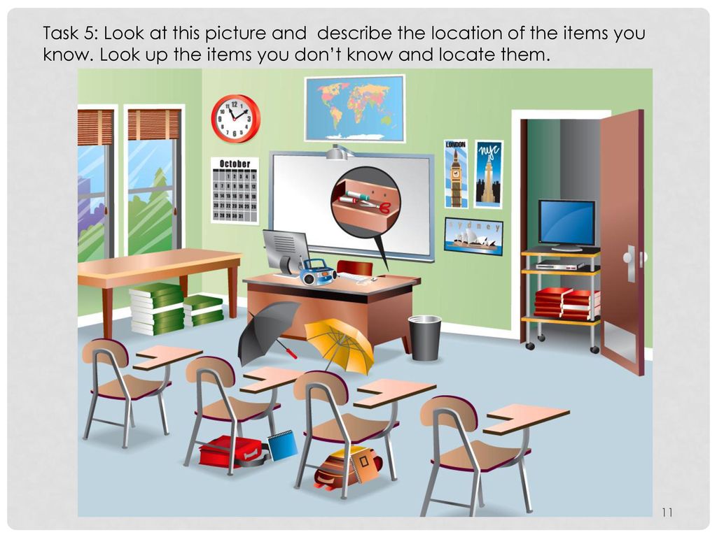 Task 5: Look at this picture and describe the location of the items you know.