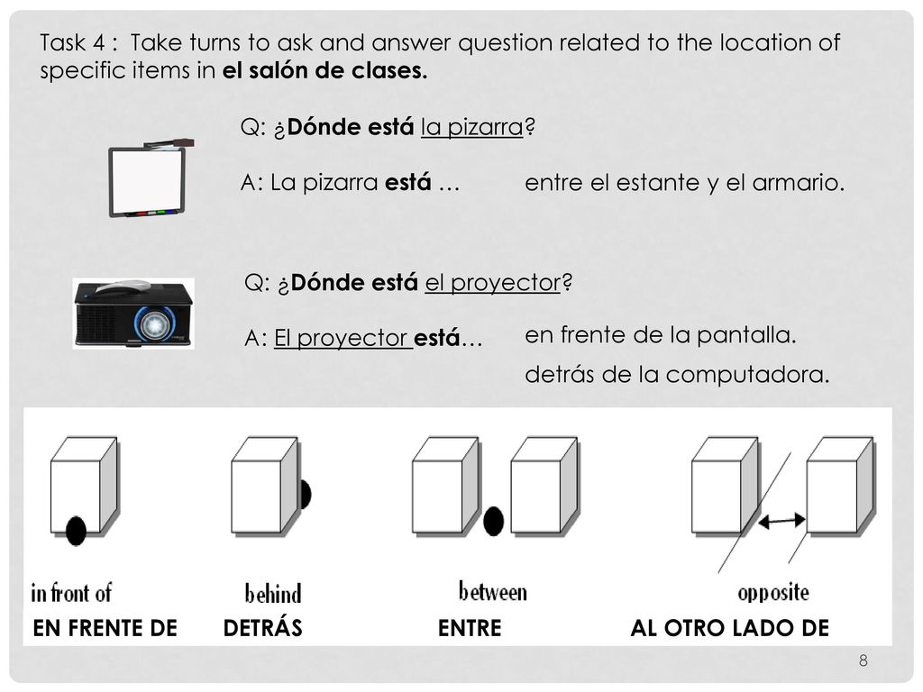 Task 4 : Take turns to ask and answer question related to the location of specific items in el salón de clases.
