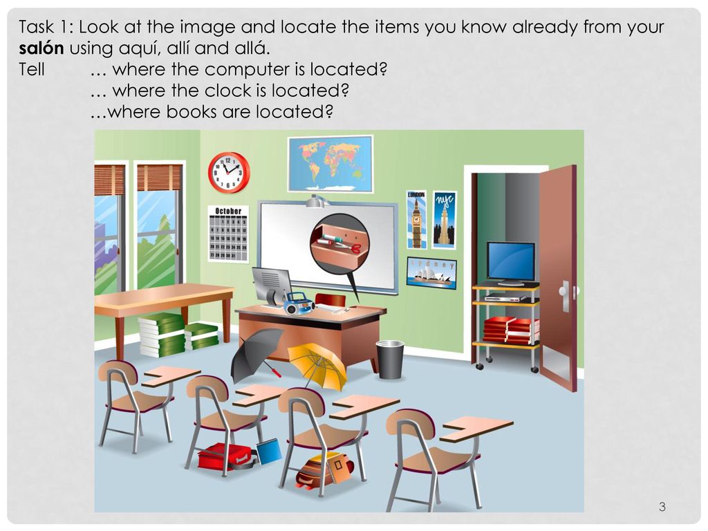 Task 1: Look at the image and locate the items you know already from your salón using aquí, allí and allá.