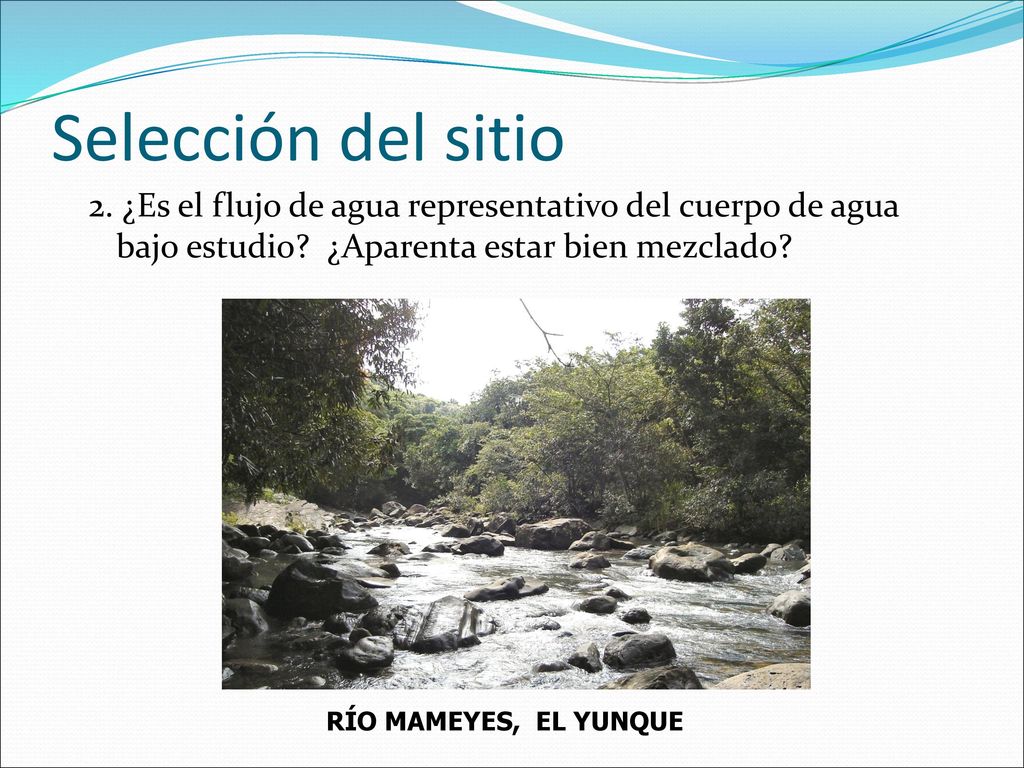 Selección del sitio 2. ¿Es el flujo de agua representativo del cuerpo de agua bajo estudio ¿Aparenta estar bien mezclado