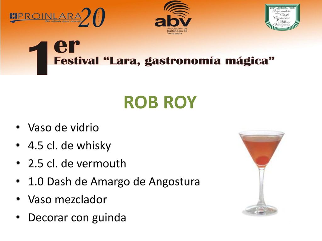 ROB ROY Vaso de vidrio 4.5 cl. de whisky 2.5 cl. de vermouth