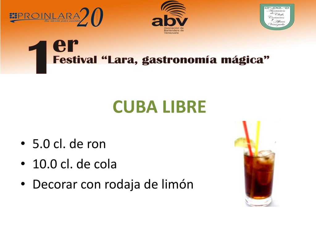 CUBA LIBRE 5.0 cl. de ron 10.0 cl. de cola Decorar con rodaja de limón