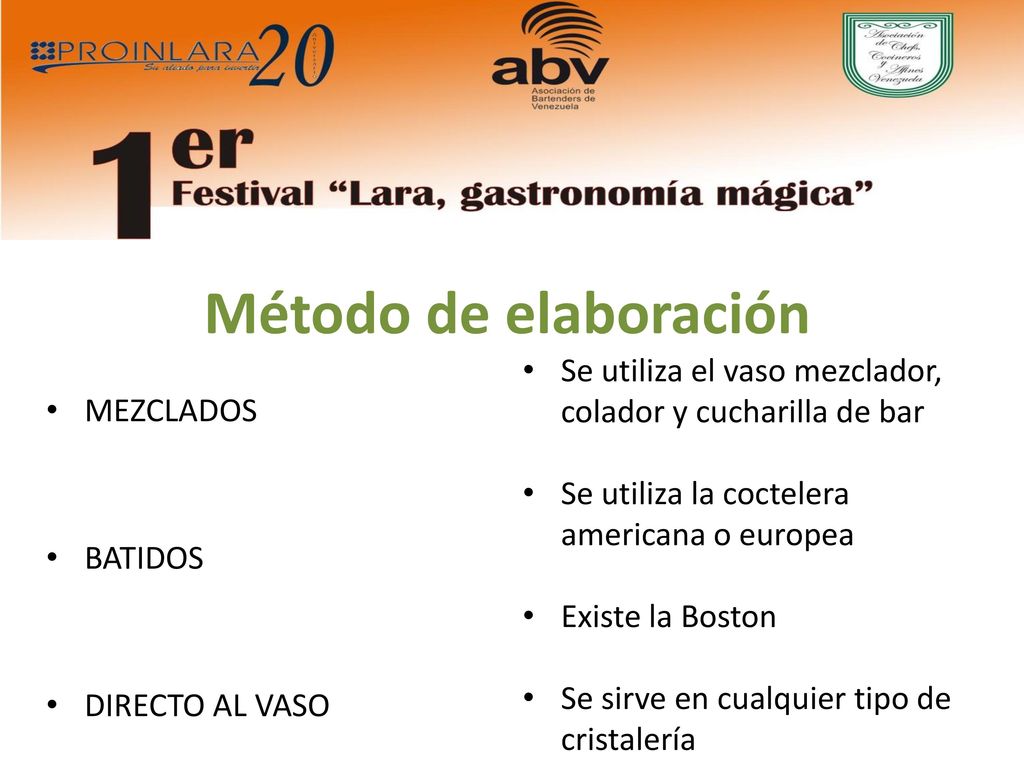 Método de elaboración Se utiliza el vaso mezclador, colador y cucharilla de bar. Se utiliza la coctelera americana o europea.