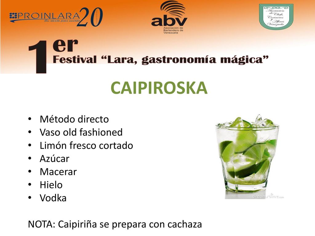CAIPIROSKA Método directo Vaso old fashioned Limón fresco cortado