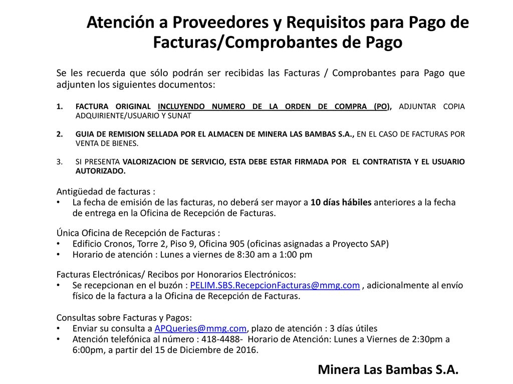 Atención a Proveedores y Requisitos para Pago de Facturas/Comprobantes de Pago
