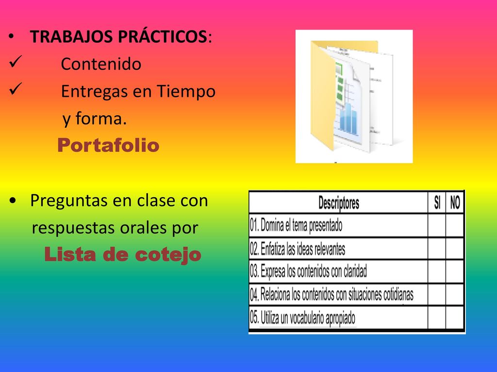 TRABAJOS PRÁCTICOS: Contenido. Entregas en Tiempo. y forma. Portafolio. Preguntas en clase con.