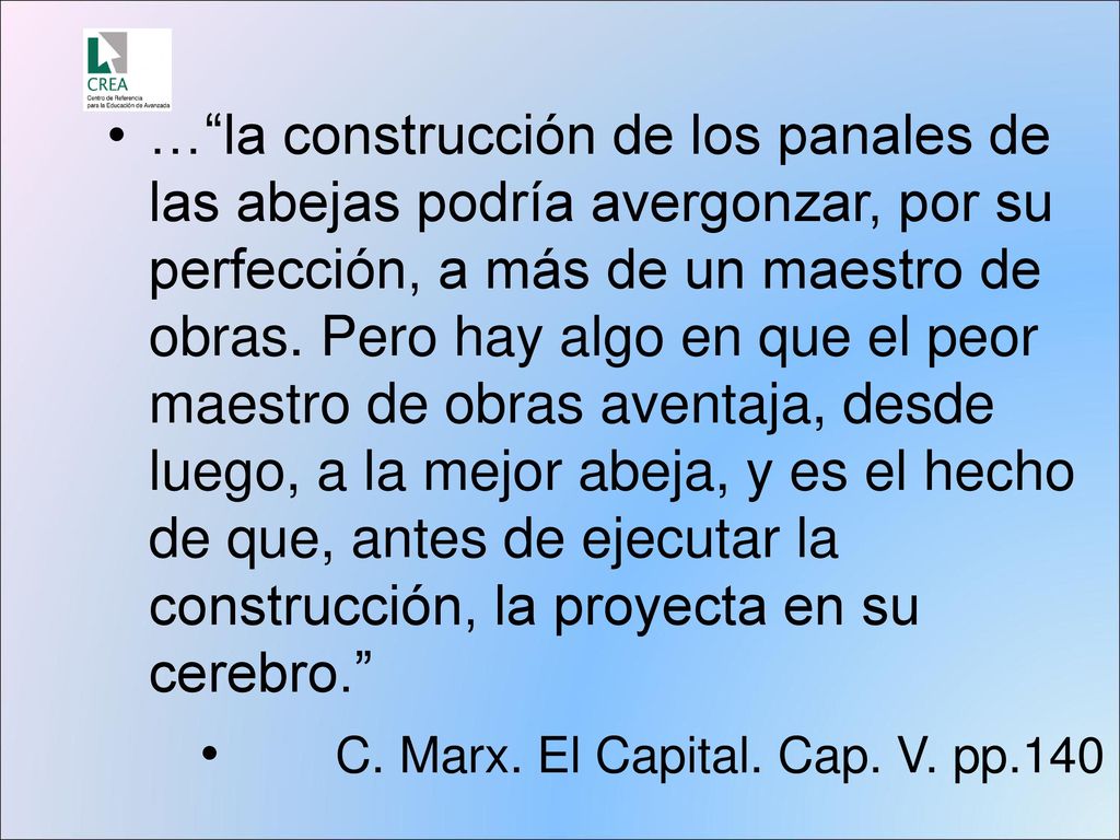 … la construcción de los panales de las abejas podría avergonzar, por su perfección, a más de un maestro de obras. Pero hay algo en que el peor maestro de obras aventaja, desde luego, a la mejor abeja, y es el hecho de que, antes de ejecutar la construcción, la proyecta en su cerebro.