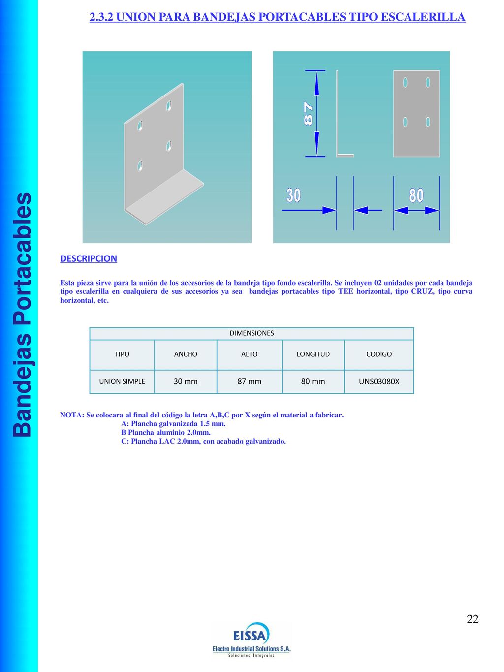 2.3.2 UNION PARA BANDEJAS PORTACABLES TIPO ESCALERILLA