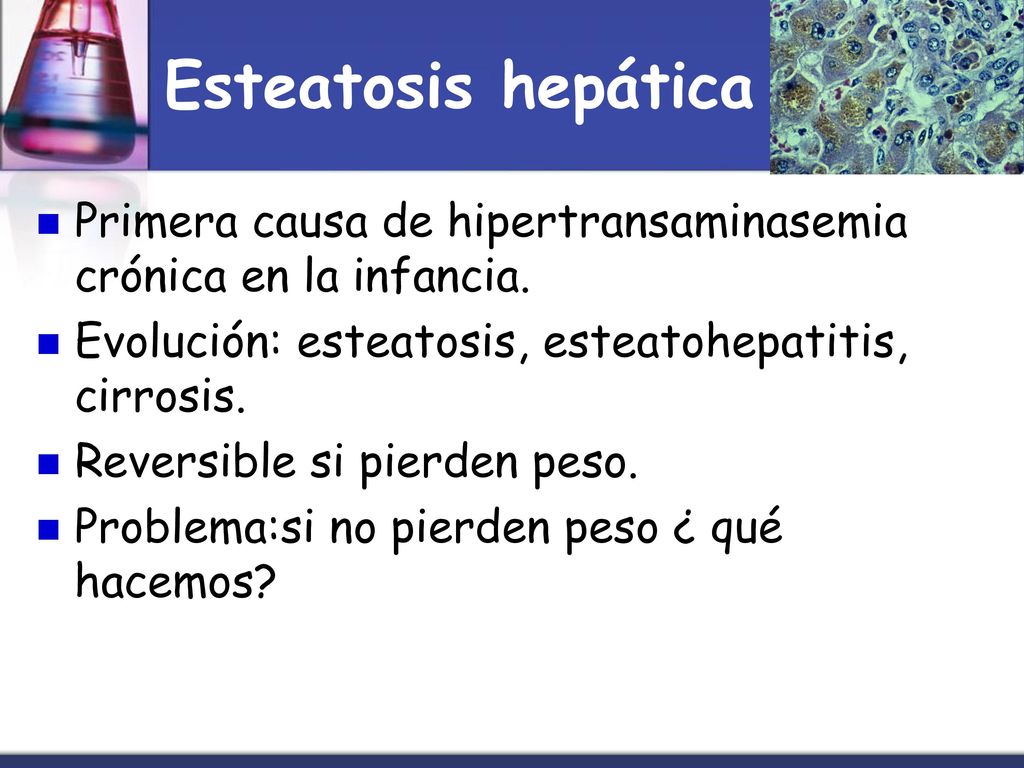 Esteatosis hepática Primera causa de hipertransaminasemia crónica en la infancia. Evolución: esteatosis, esteatohepatitis, cirrosis.