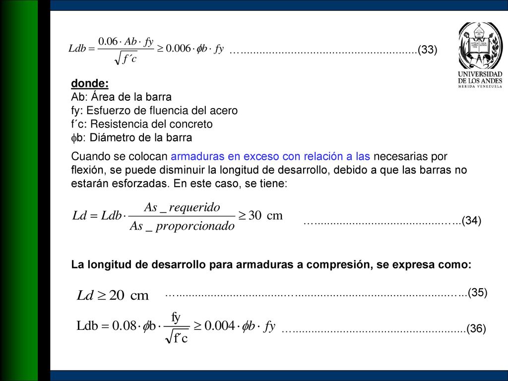 … (33) donde: Ab: Área de la barra. fy: Esfuerzo de fluencia del acero.