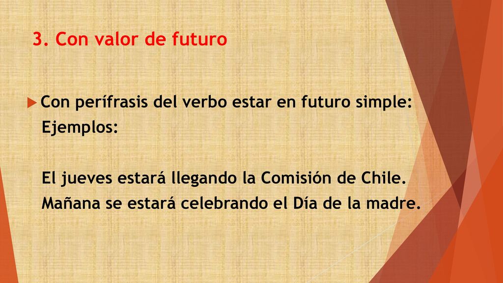 3. Con valor de futuro Con perífrasis del verbo estar en futuro simple: Ejemplos: El jueves estará llegando la Comisión de Chile.