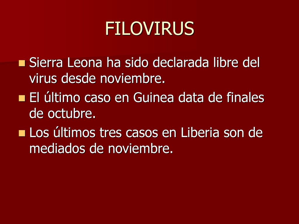 FILOVIRUS Sierra Leona ha sido declarada libre del virus desde noviembre. El último caso en Guinea data de finales de octubre.