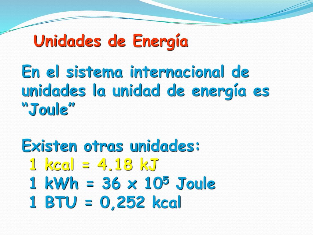 Unidades de Energía En el sistema internacional de unidades la unidad de energía es Joule