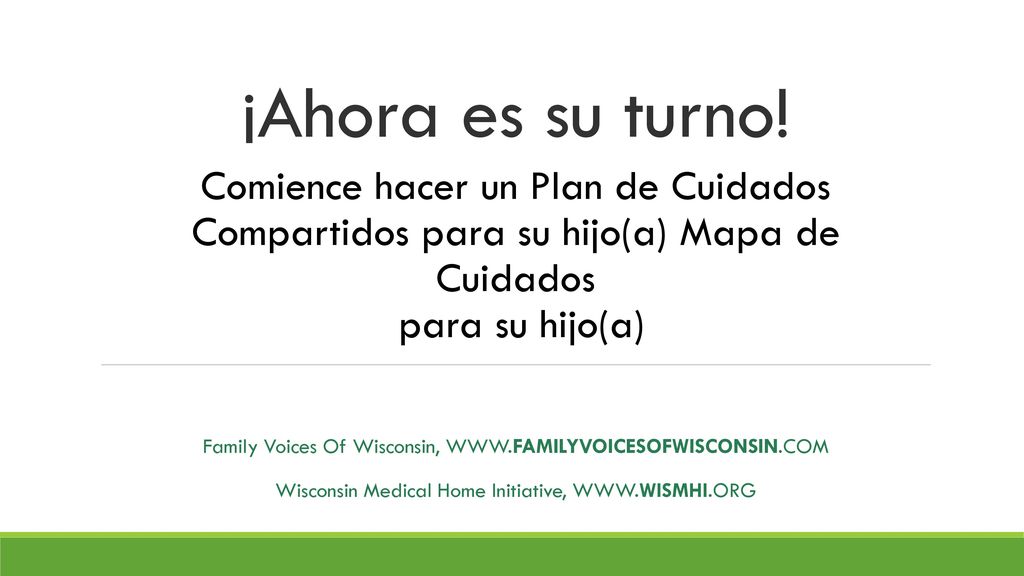 ¡Ahora es su turno! Comience hacer un Plan de Cuidados Compartidos para su hijo(a) Mapa de Cuidados para su hijo(a)