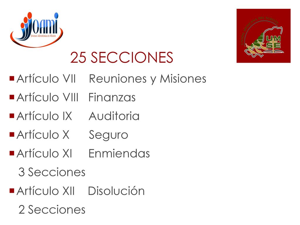 25 SECCIONES Artículo VII Reuniones y Misiones Artículo VIII Finanzas