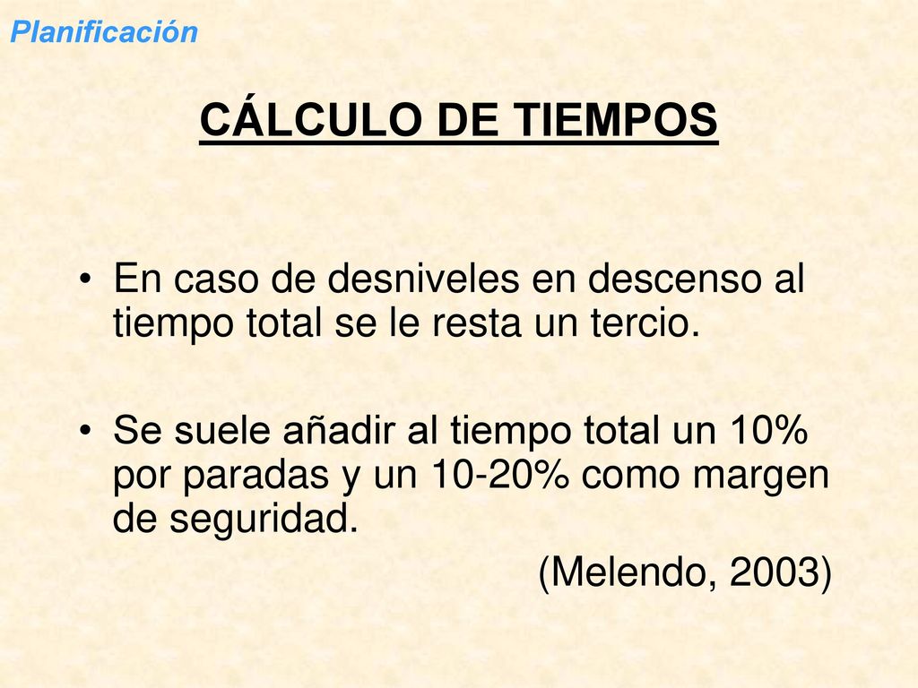 Planificación CÁLCULO DE TIEMPOS. En caso de desniveles en descenso al tiempo total se le resta un tercio.