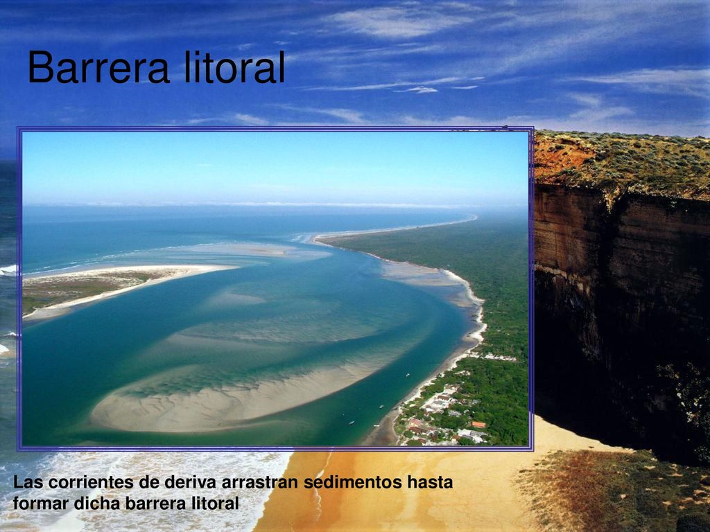 Barrera litoral Las corrientes de deriva arrastran sedimentos hasta formar dicha barrera litoral