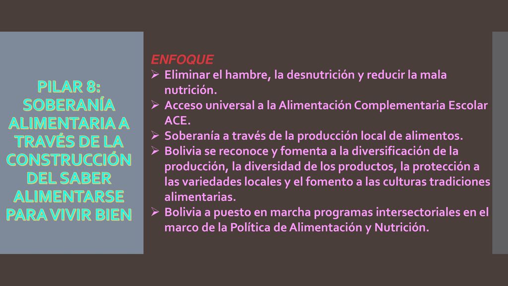 ENFOQUE Eliminar el hambre, la desnutrición y reducir la mala nutrición. Acceso universal a la Alimentación Complementaria Escolar ACE.