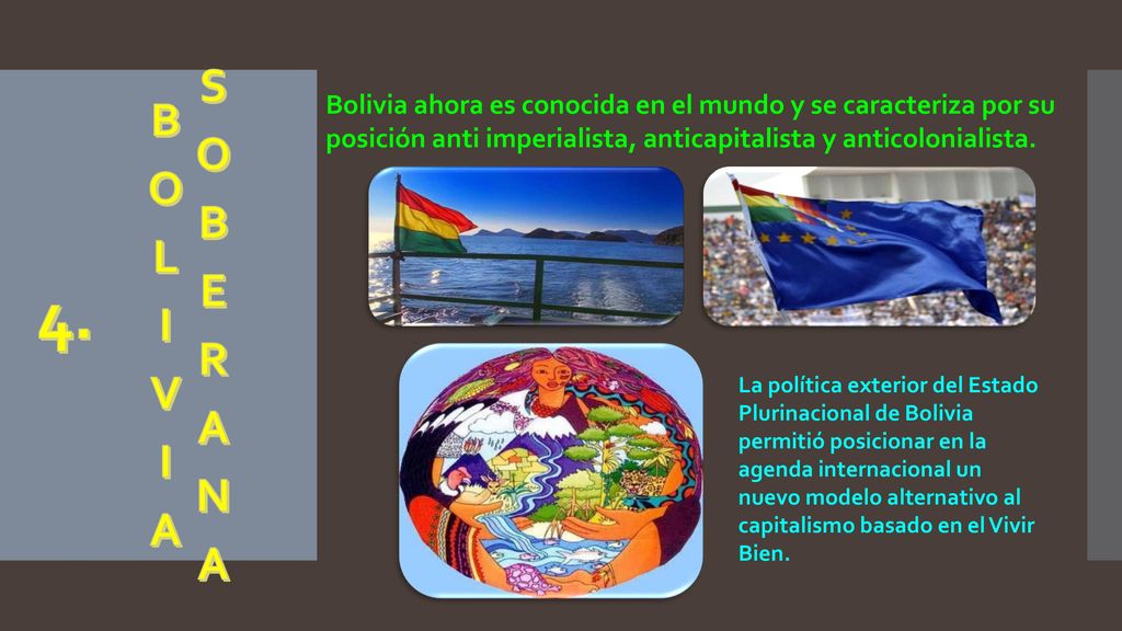 BOLIVIA SOBERANA Bolivia ahora es conocida en el mundo y se caracteriza por su posición anti imperialista, anticapitalista y anticolonialista.