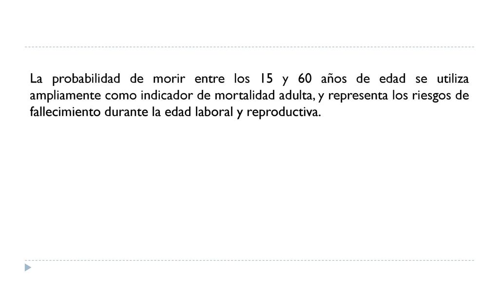 La probabilidad de morir entre los 15 y 60 años de edad se utiliza ampliamente como indicador de mortalidad adulta, y representa los riesgos de fallecimiento durante la edad laboral y reproductiva.