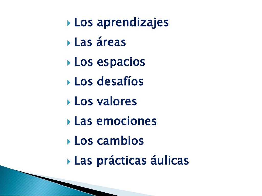 Los aprendizajes Las áreas. Los espacios. Los desafíos. Los valores. Las emociones. Los cambios.